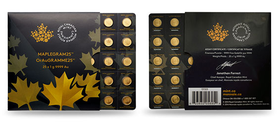 25 x 1g Gold Canadian MapleGram25™  Coin .9999